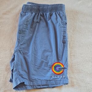 CLOAK BRAND BRIGHT Men'sT Blue SWIM or Casual Shorts w/ Rainbow Logo 38 PRIDE
